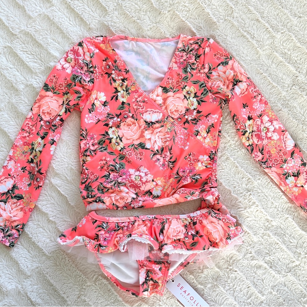Seafolly Girls' Long Sleeve Ballet Front Rashguard Set Swimwear Size 7 26275T